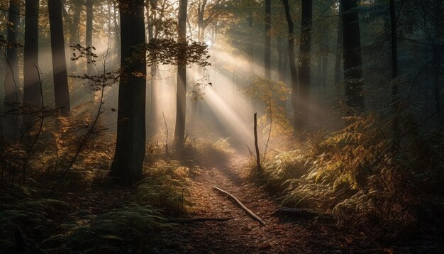 Tranquil forest footpath vanishing into a mysterious autumn wilderness generated by artificial intelligence