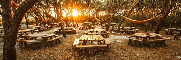 Tranquil forest glade transformed into an outdoor office space with rustic wooden desks hammocks and