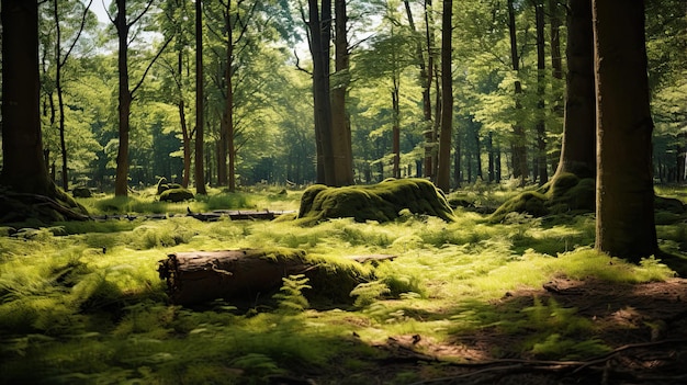 Tranquil forest glade with dappled sunlight filtering through trees