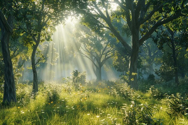 Photo tranquil forest glade with shafts of golden sunlig