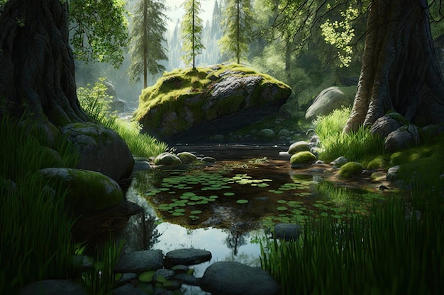 Tranquil Forest Glade with Towering Trees and a Serene Stream