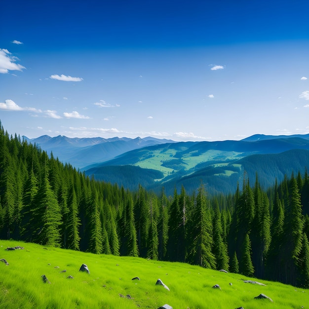 Спокойный лесный пейзаж с голубым небом и соснами