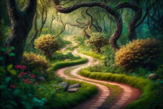 A tranquil forest landscape with a winding pathway leading through it