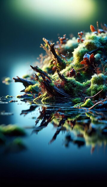 Photo tranquil forest microscape with reflective water