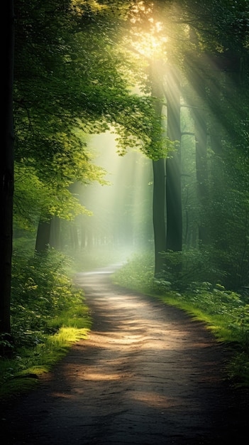 Tranquil forest path with sunlight filtering through wallpaper for the phone