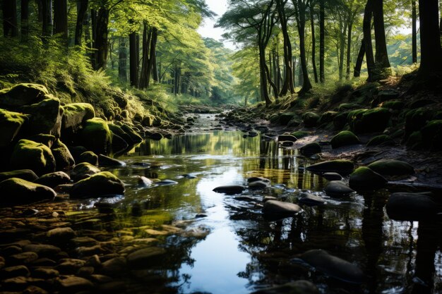 Фото Спокойный лесный пруд с плавающими утками генеративный ии