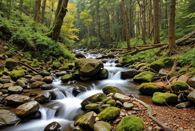 A tranquil forest scene showcases a small river gently flowing beneath a stone bridge