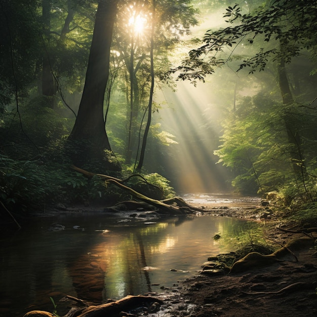 A tranquil forest scene with rays of sunlight filtering