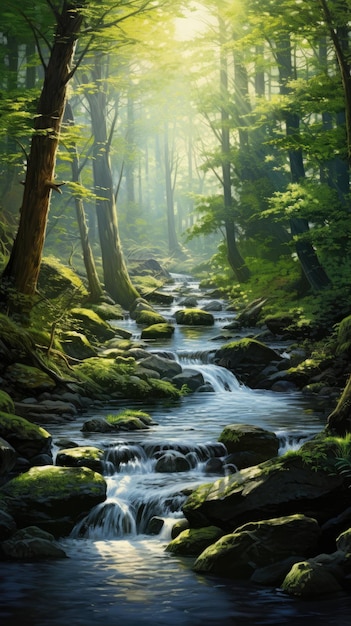 Tranquil forest stream flowing through sunlit clearings wallpaper for the phone