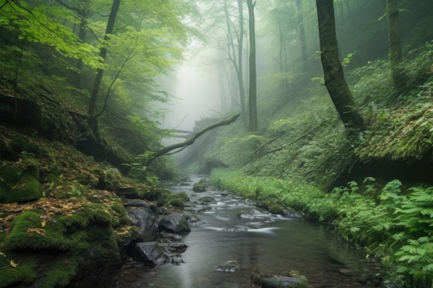 Tranquil forest with babbling brook and misty waterfall created with generative ai