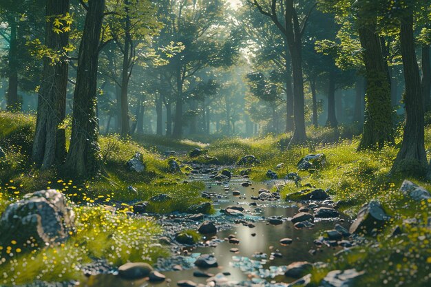 A tranquil forest with a babbling brook