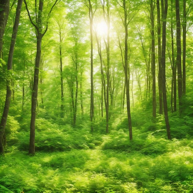 tranquil forest with greenery and lush sunlight