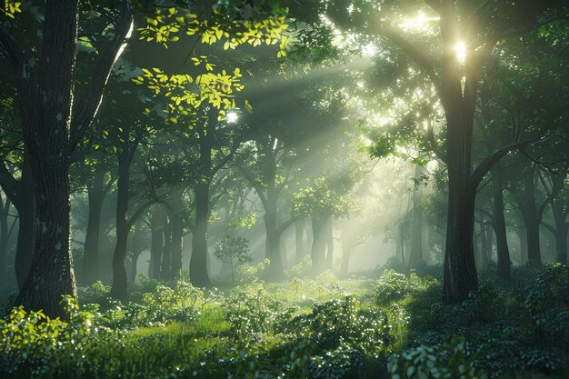 A tranquil forest with sunlight filtering through