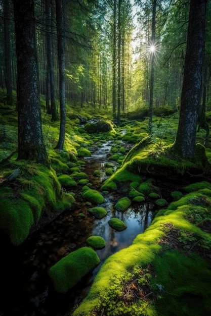 Tranquil Forest with Swaying Trees and Sun Rays