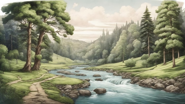 A tranquil forest with towering trees and a winding river running through it illustration