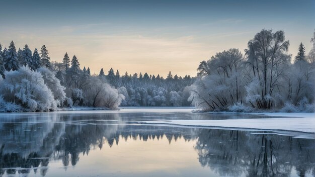 Tranquil frosted winter river landscape