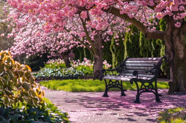 Фото tranquil garden bench surrounded by cherry blossom trees