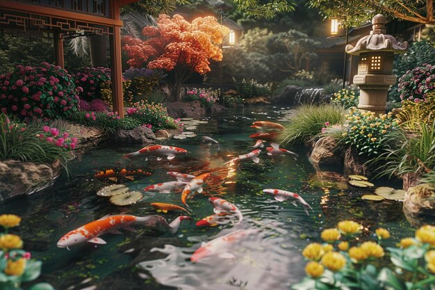 A tranquil garden filled with koi ponds