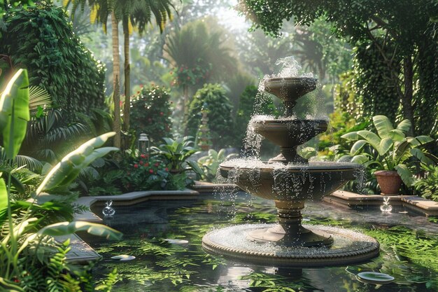 Tranquil garden oasis with trickling fountains oct