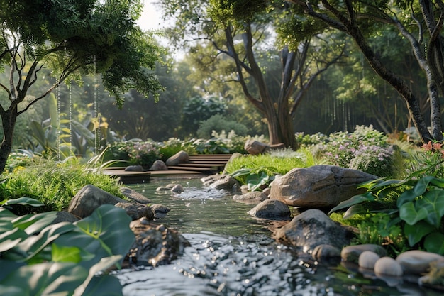 A tranquil garden oasis with trickling streams oct