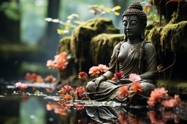 Foto tranquil garden pond con una statua in pietra generative ai