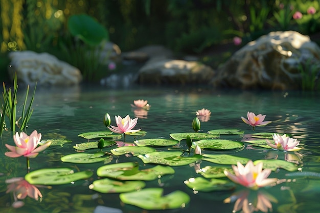 A tranquil garden pond with water lilies