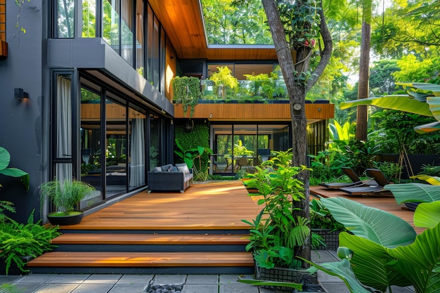 A tranquil garden setting showcasing a wooden deck and large glass windows on a modern architectural home surrounded by vibrant greenery and flowering trees