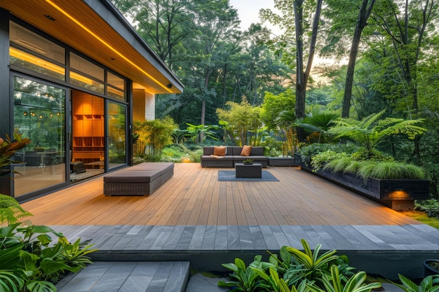 A tranquil garden setting showcasing a wooden deck and large glass windows on a modern architectural home surrounded by vibrant greenery and flowering trees