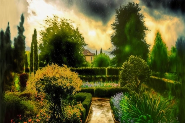 A tranquil garden in the style of watercolor.