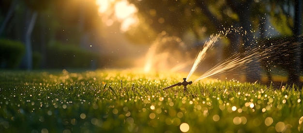 Tranquil garden at sunrise with sprinkler watering fresh grass nature background relaxation scene early morning dew AI