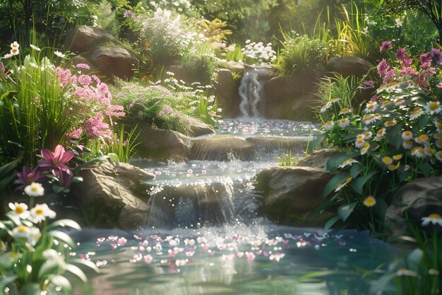 Photo a tranquil garden with a babbling brook and bloomi