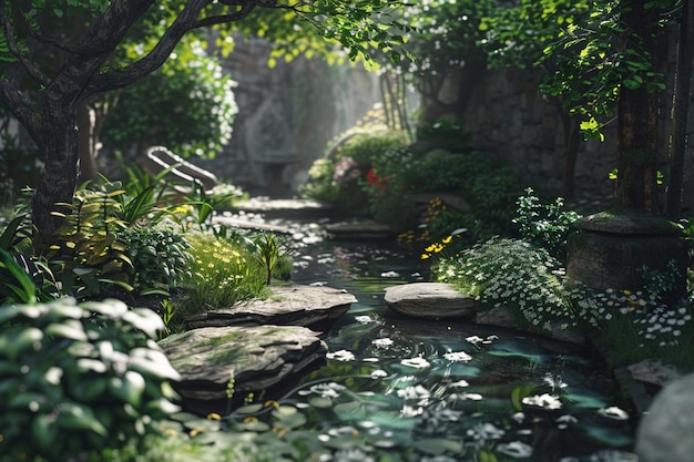 静かな庭園とバブリングの小川 オクタンレン