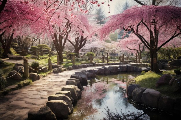 A tranquil garden with blooming cherry blossom trees in full bloom