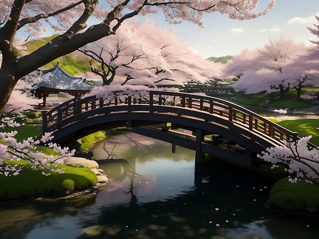 Photo a tranquil garden with blooming cherry blossoms and a small wooden bridge