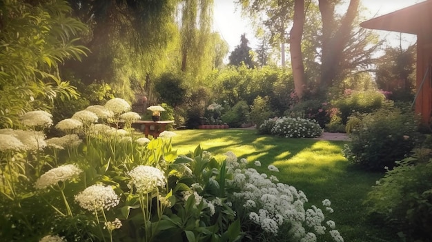 a tranquil garden with blooming flowers and lush greenery AI generated