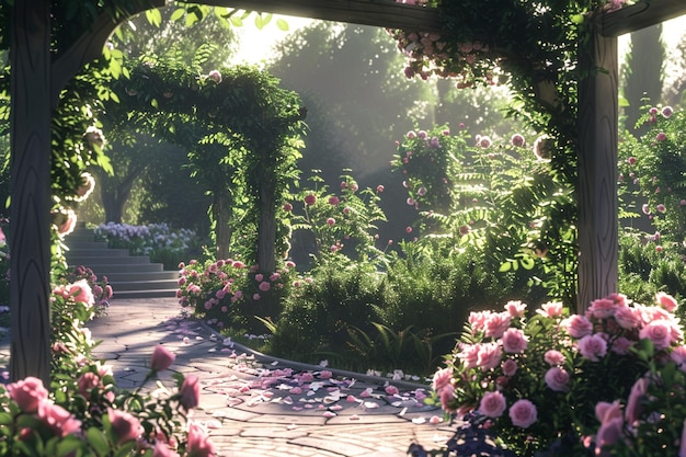 Tranquil garden with blooming roses