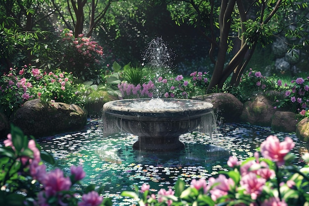 泡立つ噴水とブローを持つ静かな庭園
