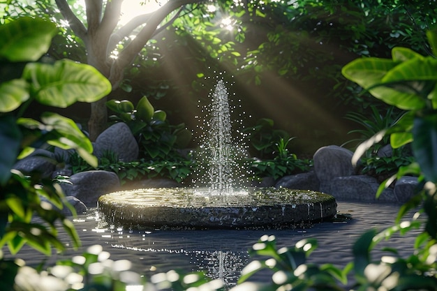 Tranquil garden with a bubbling fountain
