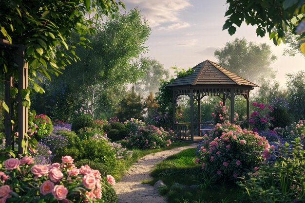 A tranquil garden with a gazebo and climbing roses