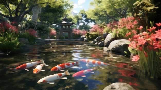 Photo a tranquil garden with a peaceful koi pond photorealistic hd 4k