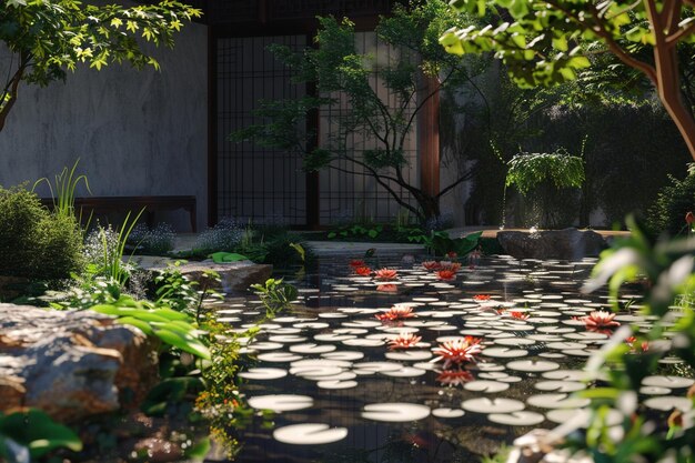 A tranquil garden with a pond and lily pads