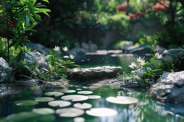 A tranquil garden with a pond and lily pads