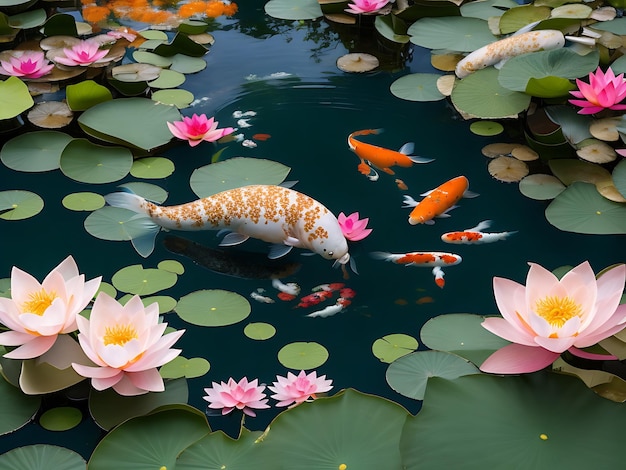 A tranquil garden with a serene pond koi fish and blooming lotus flowers