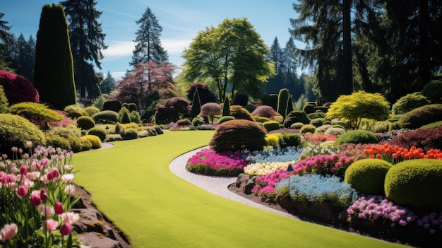 静かな庭園小さな池色とりどりの花明るい青い空が背景です