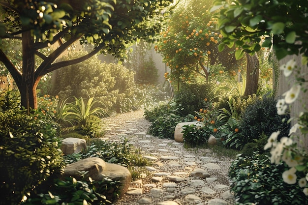 A tranquil garden with a stone pathway