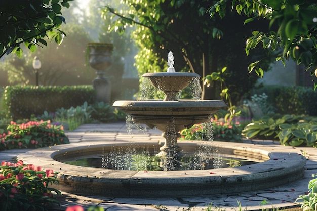 A tranquil garden with a trickling fountain