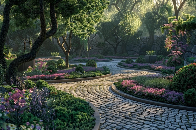 A tranquil garden with winding pathways