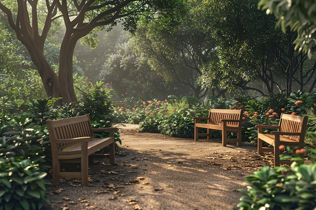 Tranquil gardens with quaint wooden benches