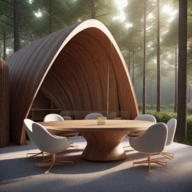 A Tranquil Gathering Spot Amidst Nature's Majesty The Wooden Round Table Surrounded by Forest Chairs