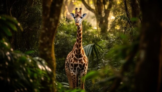 Tranquil giraffe stands tall surveying the African wilderness landscape generated by AI